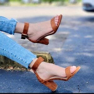 Womens Suede Ankle Strap Block Heel Dress Sandals Tan Color